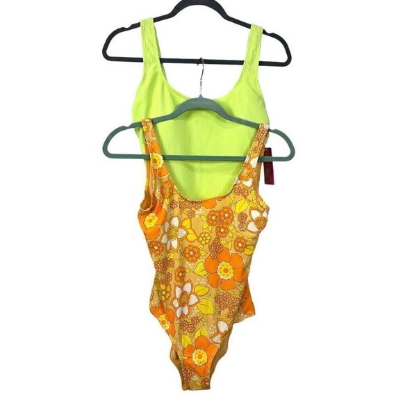 Ghanda & Ninty- Nine Set of Two Swim Suits 70s floral & Neon Size Medium NWT - Picture 2 of 10